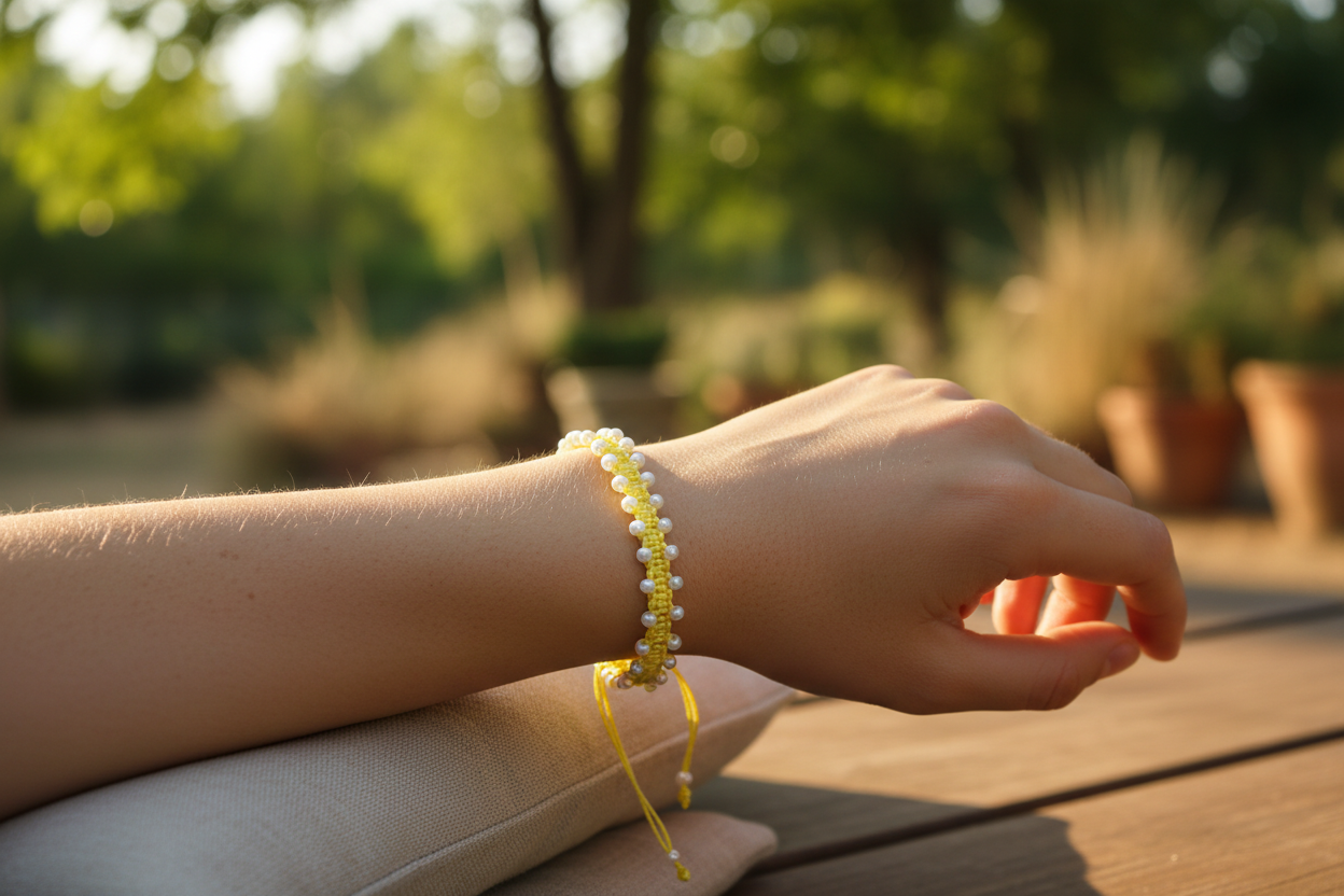 A close-up of a person's wrist wearing a yellow beaded bracelet with pearlescent white seed beads, resting on a wooden surface in a sunlit outdoor garden setting.