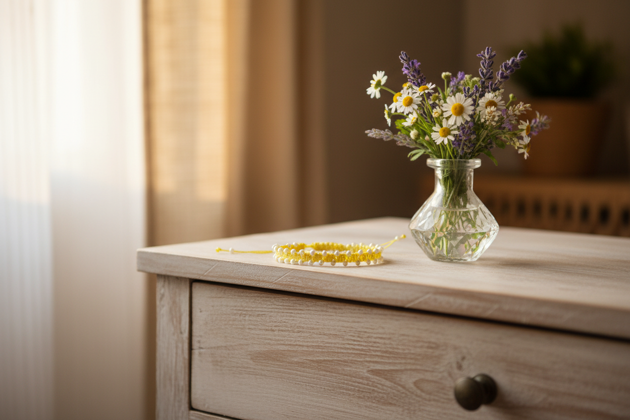 A small clear glass vase filled with a bouquet of white daisies and purple lavender sits on a light wood dresser next to a yellow beaded macrame bracelet with pearlescent white seed beads in a softly lit room.