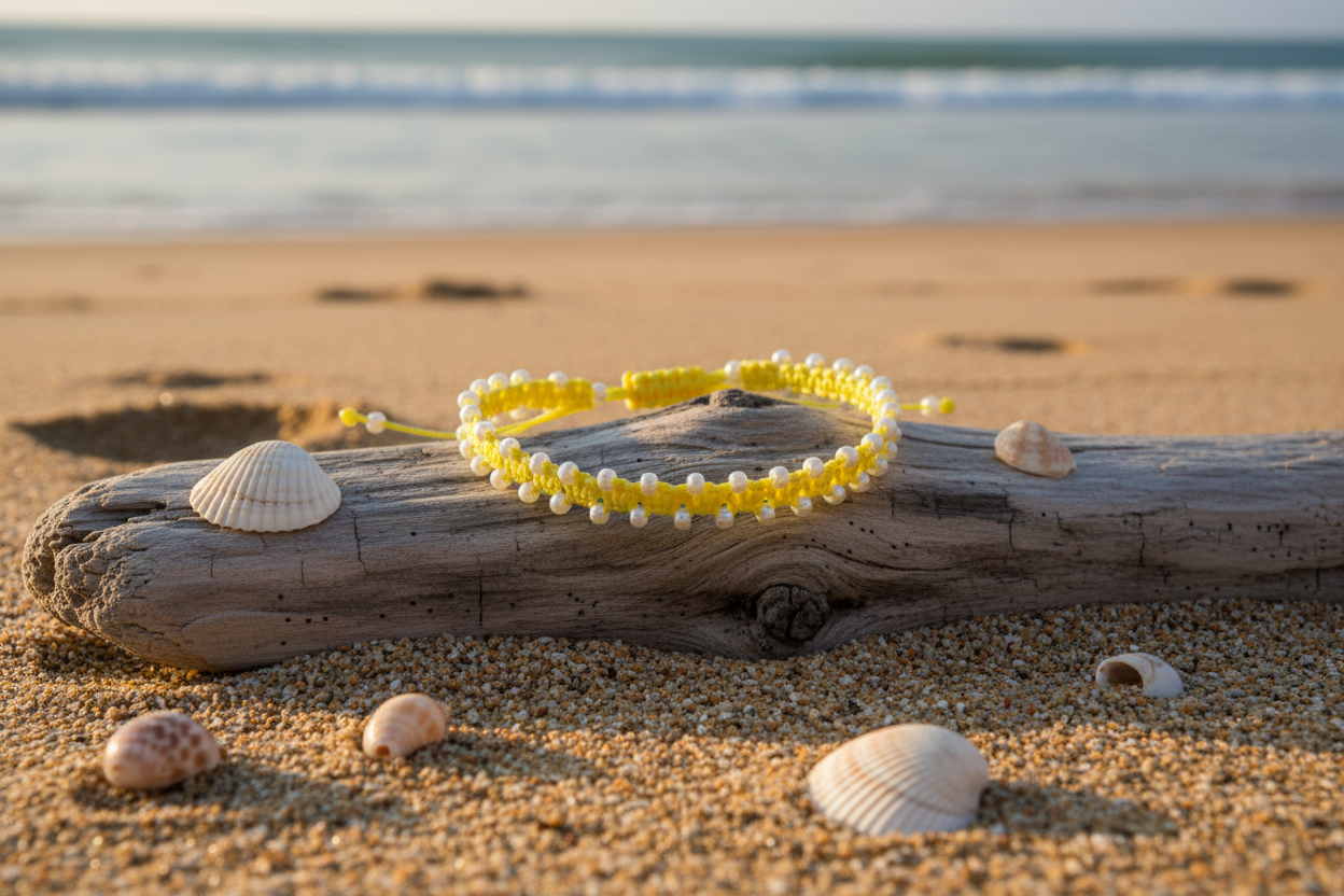 A yellow beaded macrame bracelet with pearlescent white seed beads arranged  on a weathered log in the sand, with seashells and the ocean waves in the background.