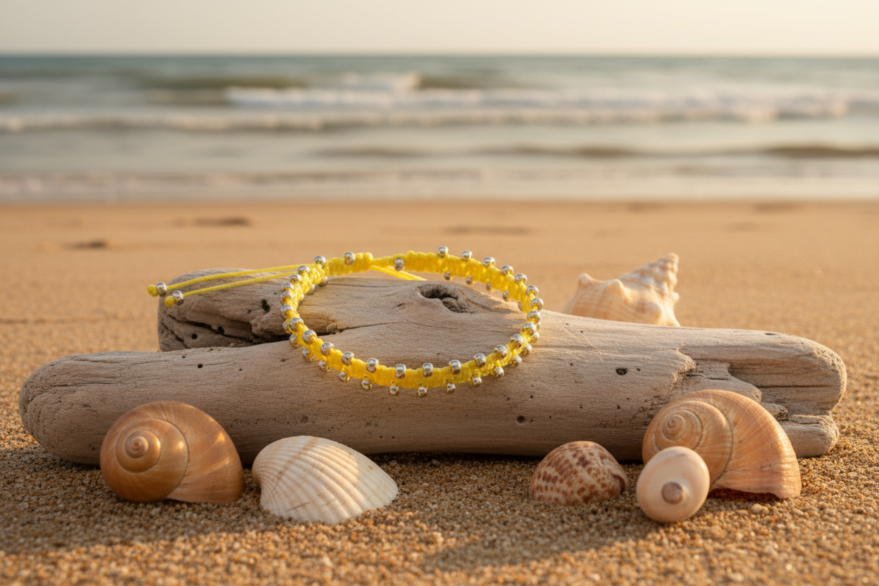 A pale yellow macrame bracelet with galvanized silver seed beads resting on a piece of driftwood on a sandy beach, surrounded by seashells with the ocean in the background.