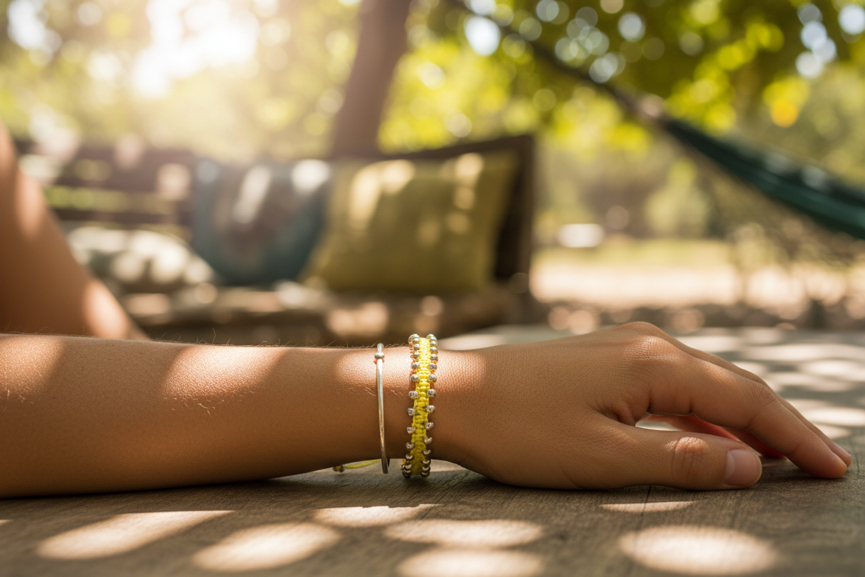 A close-up of a person's hand resting on a wooden surface in a sunny outdoor setting, wearing a pale yellow macrame bracelet with galvanized silver seed beads and a thin silver bangle.