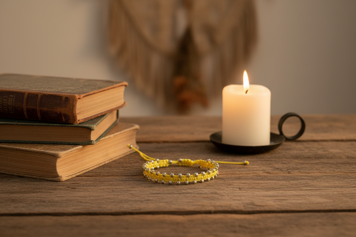A pale yellow macrame bracelet with galvanized silver seed beads on a rustic wooden table next to a lit white candle in a black holder, with old books in the background.