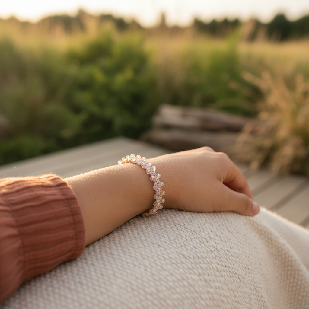 A close-up of a person's wrist wearing a light peach delicate beaded macrame bracelet with irridescent yellow seed beads, resting on a cream knit blanket in an outdoor setting with a warm, blurred background.