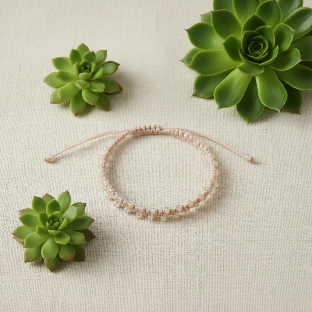 A delicate beaded bracelet in a light peach color, styled on a textured cream linen background with three green succulent plants.