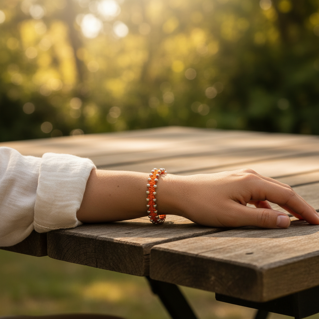 A close-up of a person's hand resting on a wooden picnic table outdoors, wearing an orange macrame bracelet with small galvanized silver seed beads.