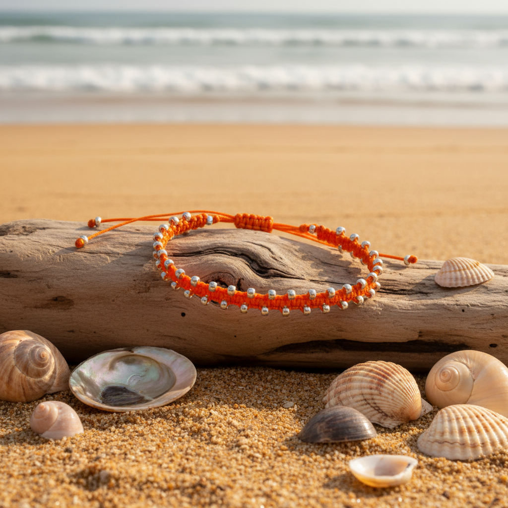 An orange macrame bracelet with small galvanized silver seed beads, displayed on a piece of driftwood on a sandy beach with seashells and ocean waves in the background.