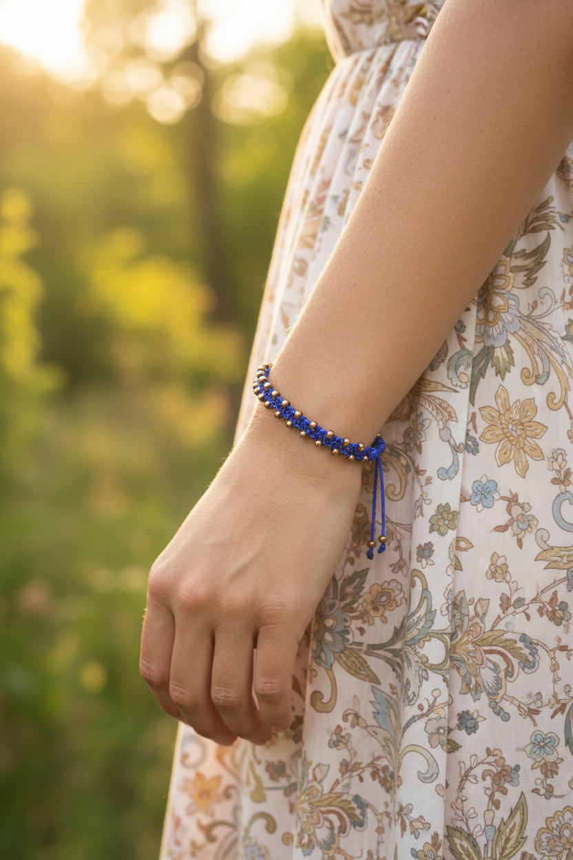 A close-up of a person's wrist wearing a royal blue macrame bracelet with galvanized gold seed beads, with a floral dress and a soft, blurred outdoor background.