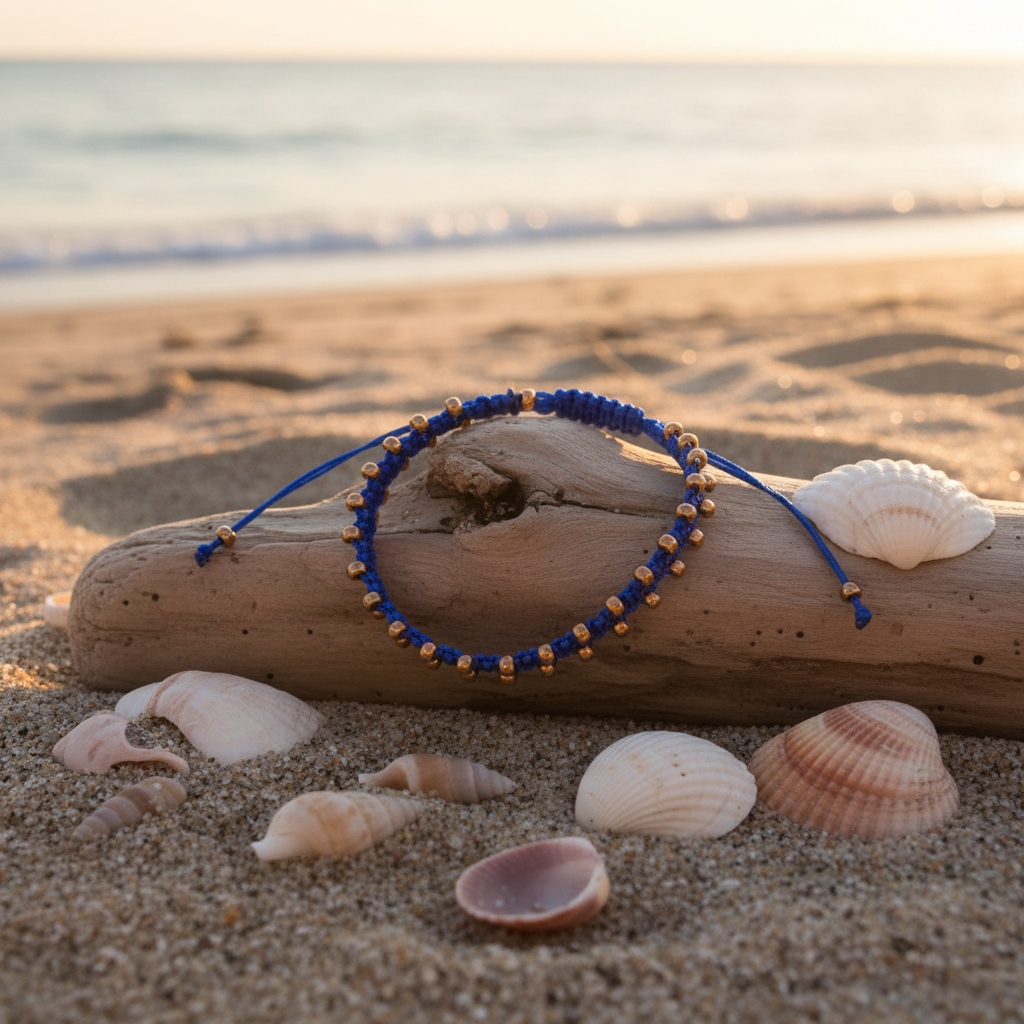 A royal blue macrame bracelet with small galvanized gold seed beads rests on a piece of driftwood on a sandy beach, surrounded by seashells at sunset.
