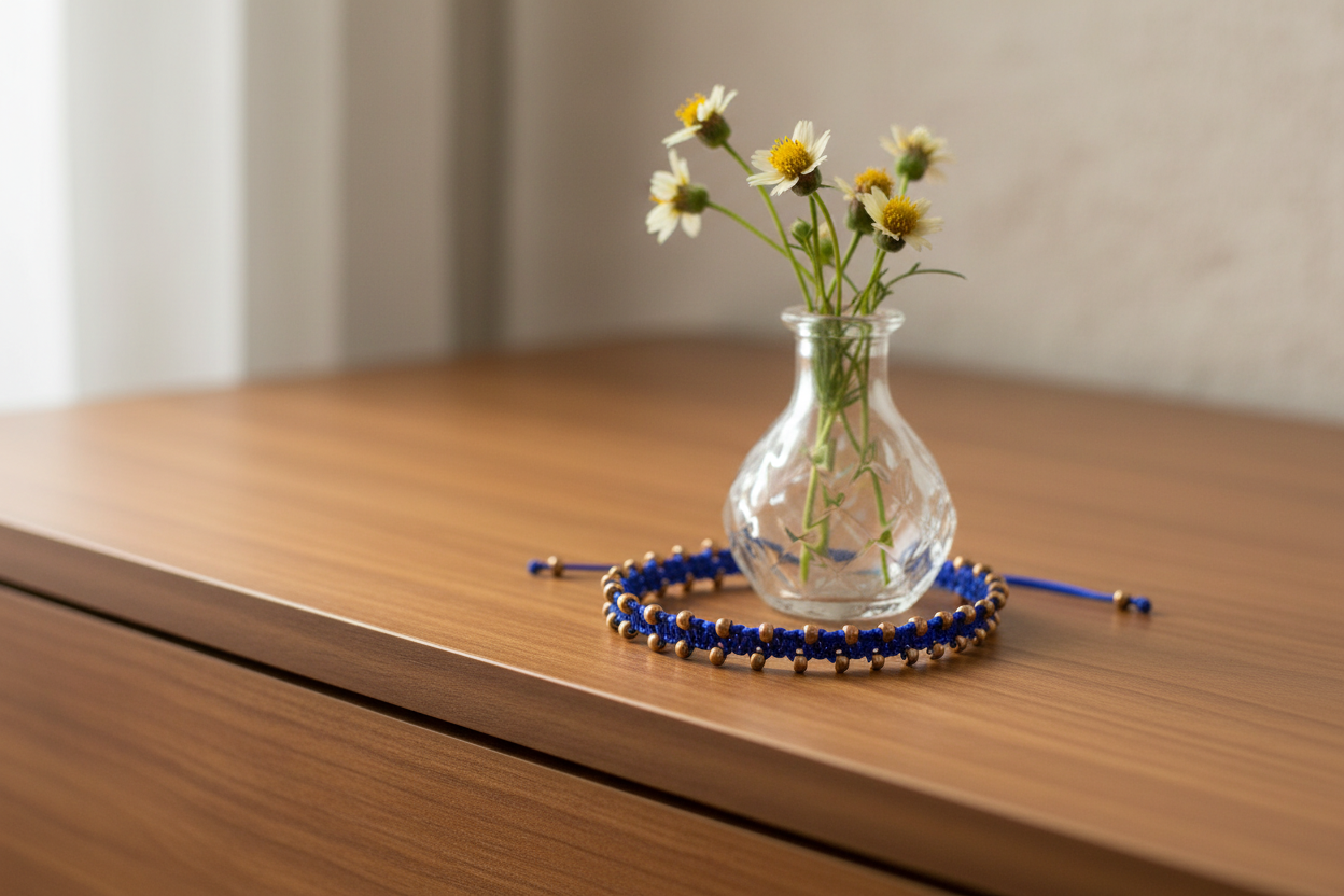 A royal blue macrame bracelet with galvanized gold seed beads lying on a wooden table next to a small glass vase with daisy flowers.