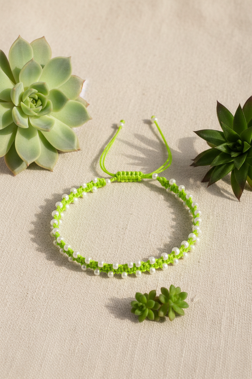 A handmade lime green macrame bracelet or anklet with pearlescent white seed beads, displayed on a textured beige fabric background with decorative succulent plants.