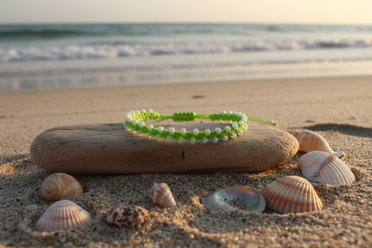 A lime green macrame bracelet or anklet with pearlescent white seed beads rests on a smooth beach stone, surrounded by seashells on sandy shore with the ocean waves in the background.