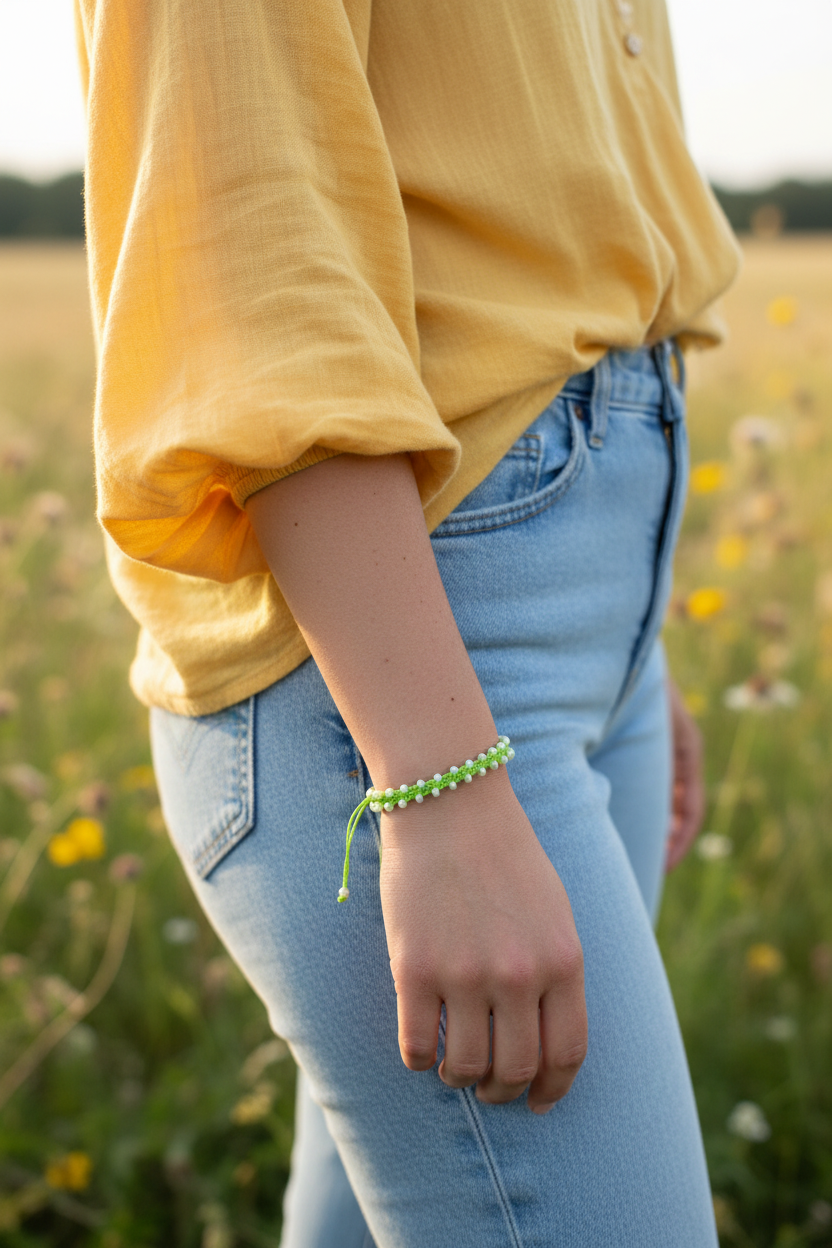 A person wearing a yellow blouse and light blue jeans stands in a sunlit field, with a lime green macrame bracelet with pearlescent white seed beads on the wrist.