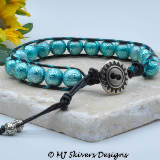 Leather and Bead Bracelet - Black with Teal Paint Splatter Bead, Size 7.25"