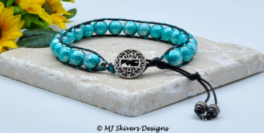 Leather and Bead Bracelet - Black with Teal Paint Splatter Bead, Size 8.5"