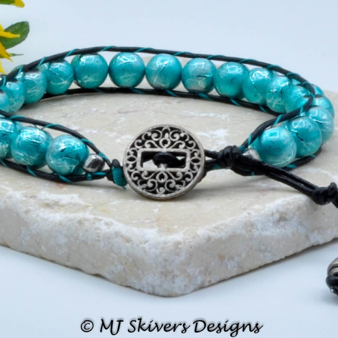 Leather and Bead Bracelet - Black with Teal Paint Splatter Bead, Size 8.5"