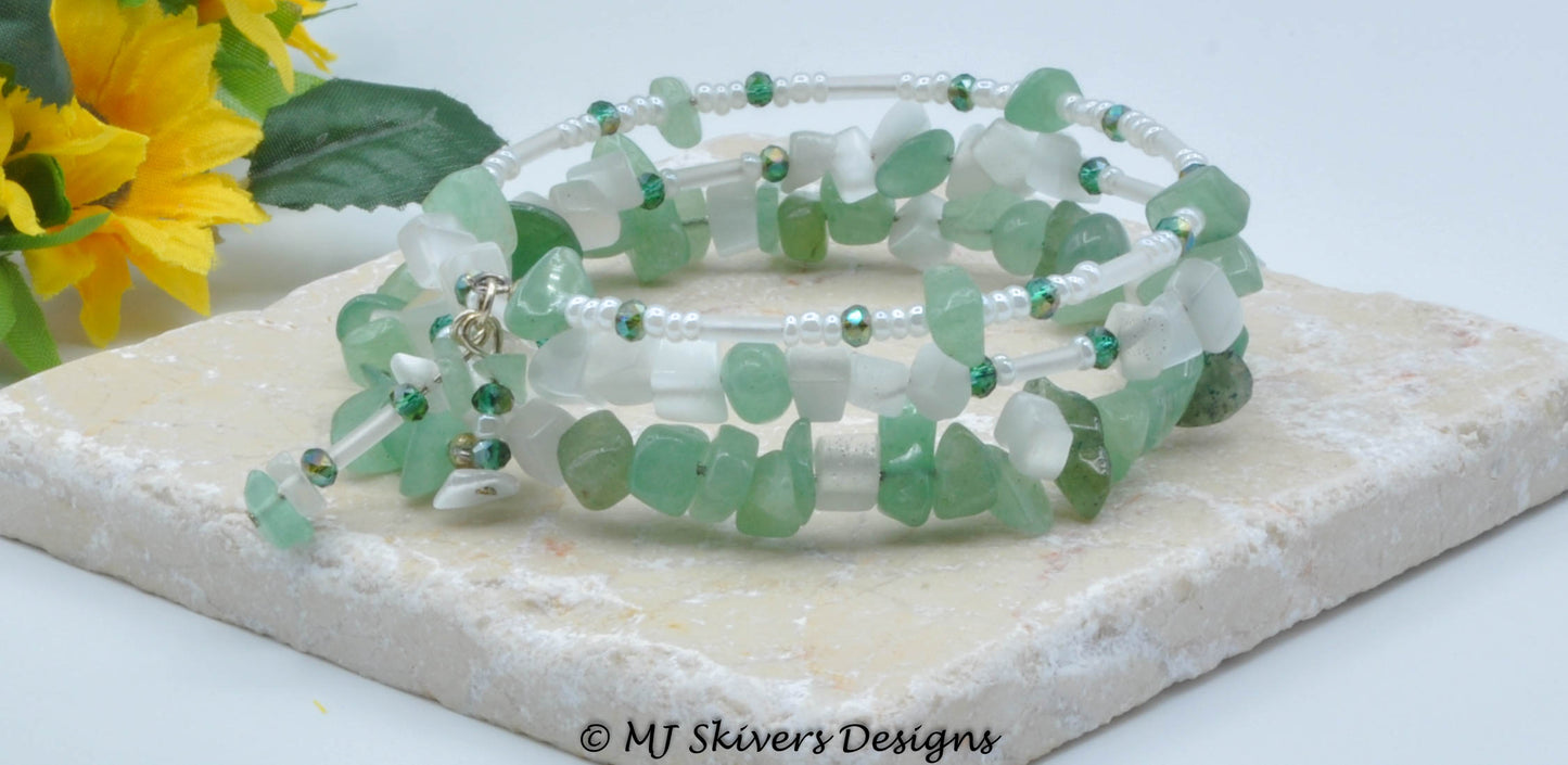 Green Aventurine Memory Wire Beaded Wrap Bracelet