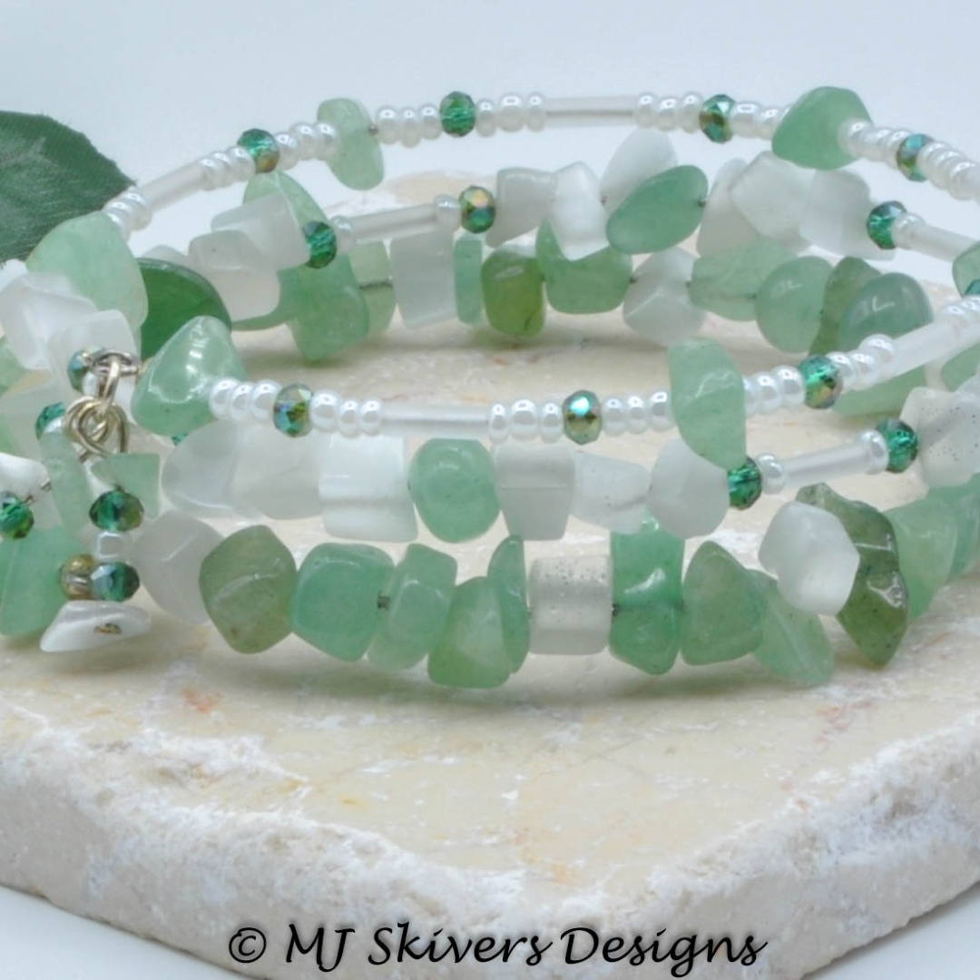 Green Aventurine Memory Wire Beaded Wrap Bracelet