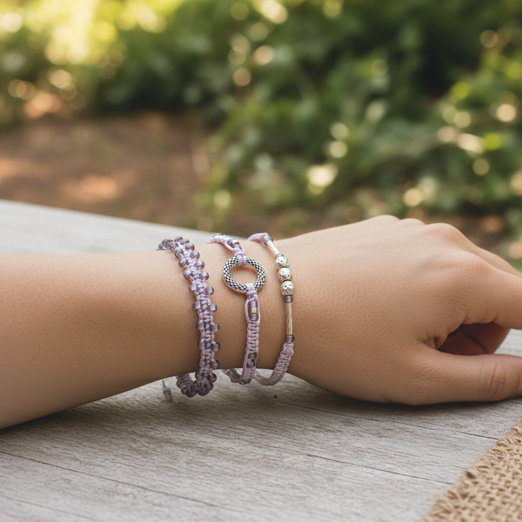 A close-up of a person's wrist wearing three delicate lavender macrame bracelets with lavender seed beads and various shaped metal accent beads, resting on a weathered wooden surface with a soft-focus green garden background. 