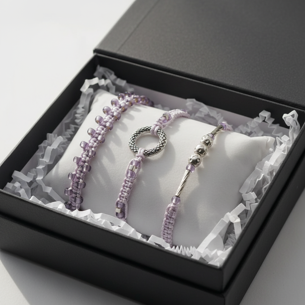Three delicate beaded bracelets in light purple and lavender seed beads with silver metal accent beads are displayed inside an open black gift box with white tissue paper.