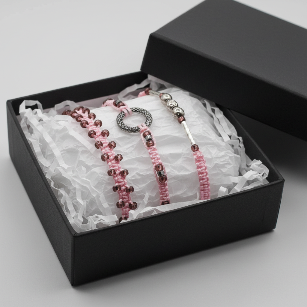 Three pink macrame bracelets with silver-toned metal accents and cranberry seed beads, presented inside an open black gift box lined with white tissue paper.