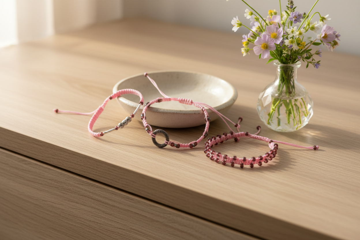 Three pink macrame bracelets with cranberry seed bead and various shaped metal beads as accents are arranged on a light wood table next to a small white ceramic dish and a glass vase with wildflowers.