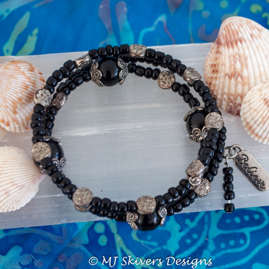 Triple Wrap Memory Wire Bracelet - Black and Silver Bead