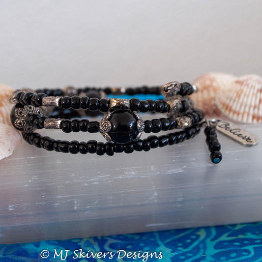 Triple Wrap Memory Wire Bracelet - Black and Silver Bead