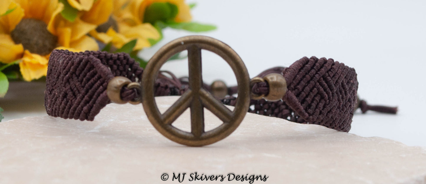 Peace Sign Macrame Bracelet  - Dark Brown
