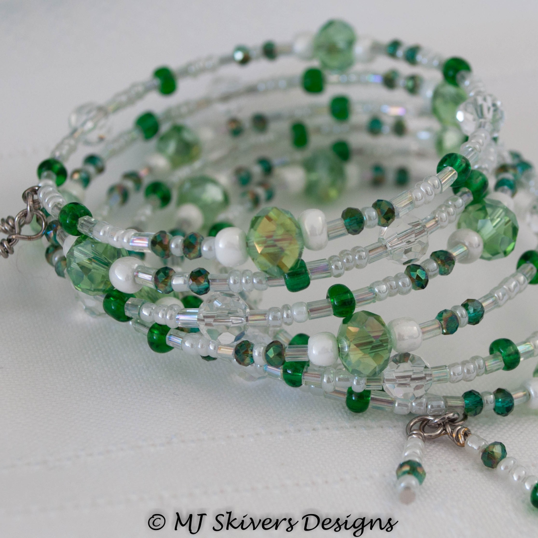 Green Crystal and Pearl Seed Bead Memory Wire Bracelet