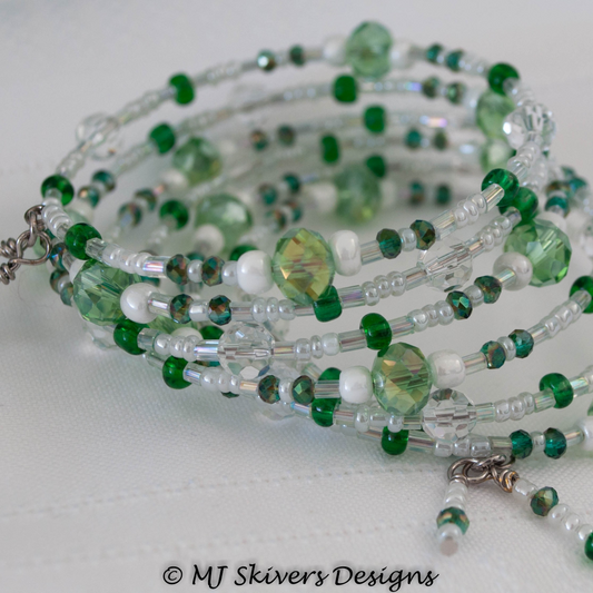 Green Crystal and Pearl Seed Bead Memory Wire Bracelet