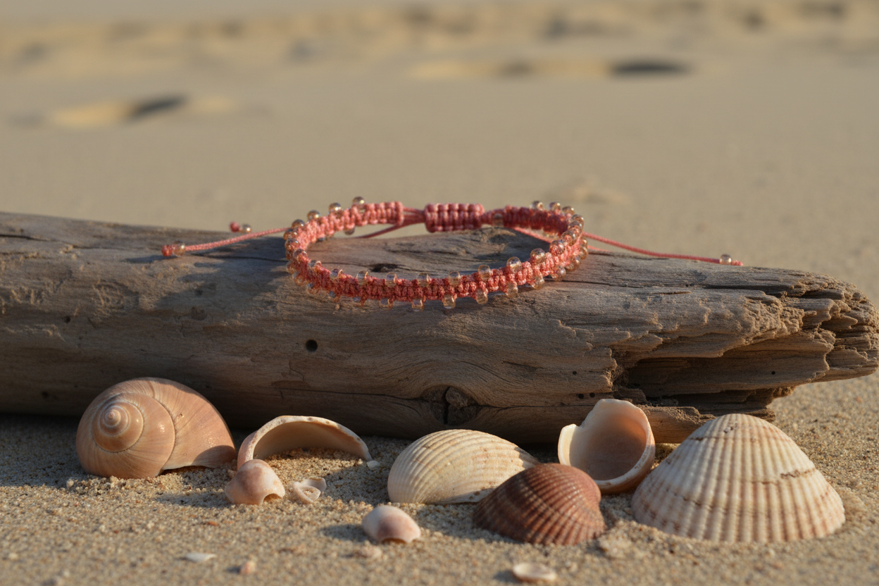 A coral macrame  bracelet with small clear, copper edged seed beads, displayed on a piece of driftwood on a sandy beach with seashells nearby.