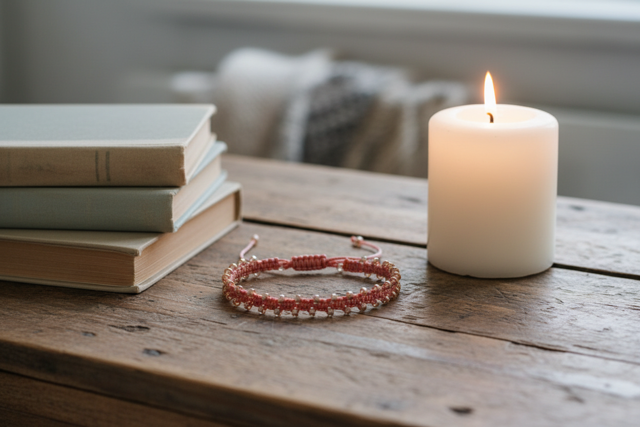 A coral macrame bracelet with clear, copper edged seed beads rests on a rustic wooden table next to a lit white pillar candle and a stack of books.