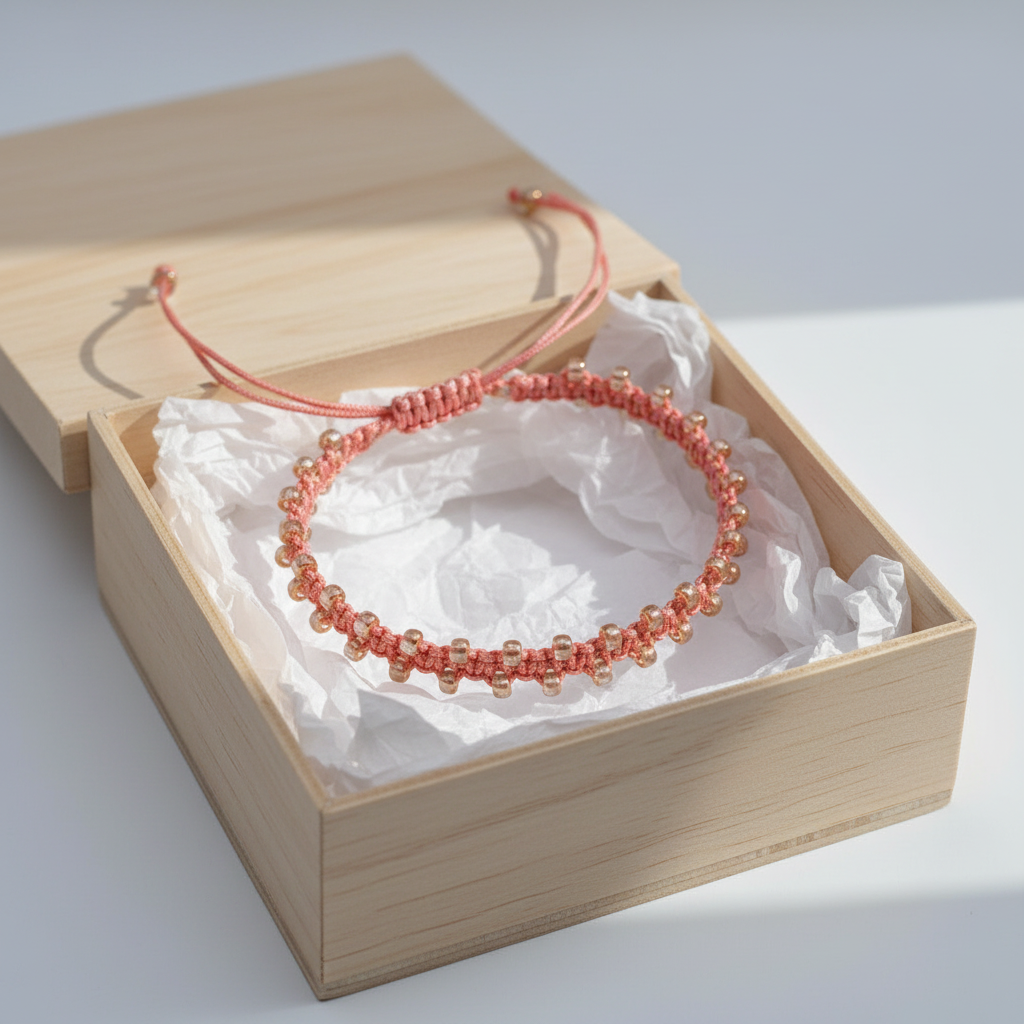 A coral macrame bracelet with small copper edged seed beads, presented inside an open light wood gift box with white tissue paper.