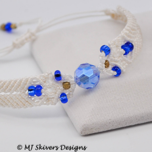 Macrame Big Bead Boho Bracelet - White with Royal Blue