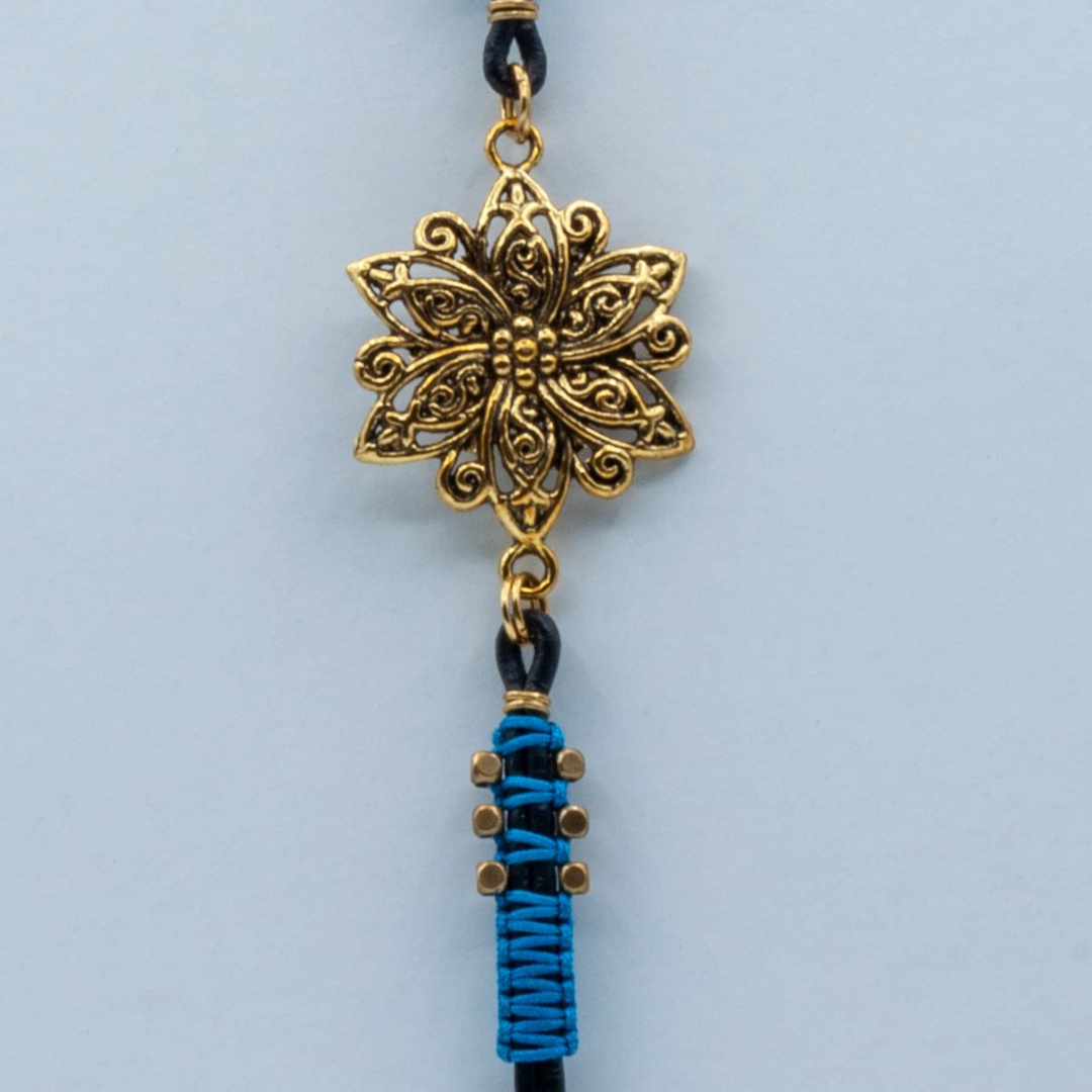 Leather and Micro Macrame Bracelet - Brass Mandala