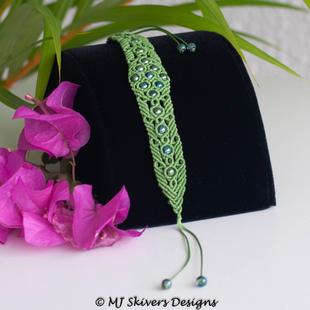 Macrame Beaded Cuff Bracelet - Green