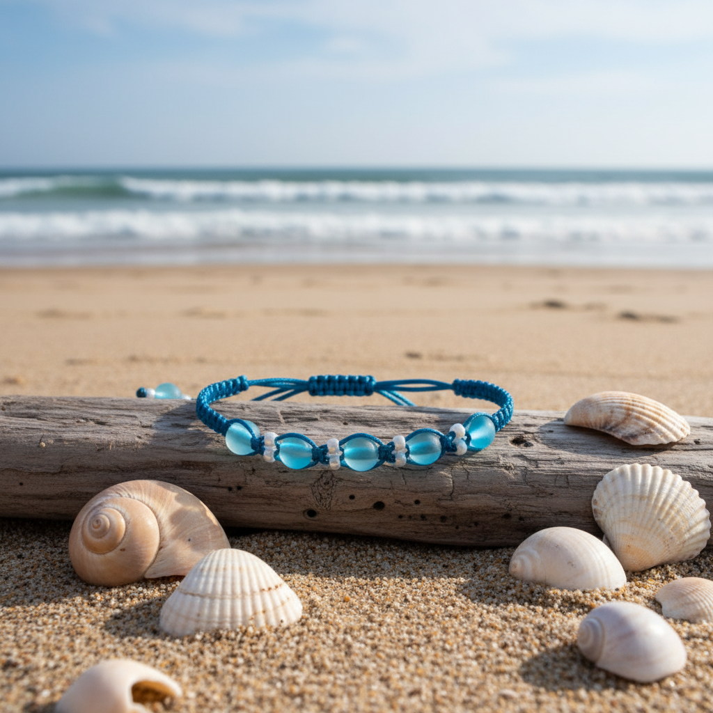An aqua beaded macrame bracelet with frosted round beads and teal cord with white pearl seed bead accents, displayed on a weathered log on a sandy beach with seashells and the ocean in the background.