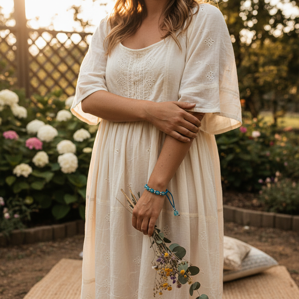 A woman wearing a cream-colored bohemian eyelet midi dress with wide bell sleeves and an aqua beaded macrame bracelet made with aqua frosted round beads and white pearl seed beads, standing in a sunlit garden with flowers and a wooden fence in the background.