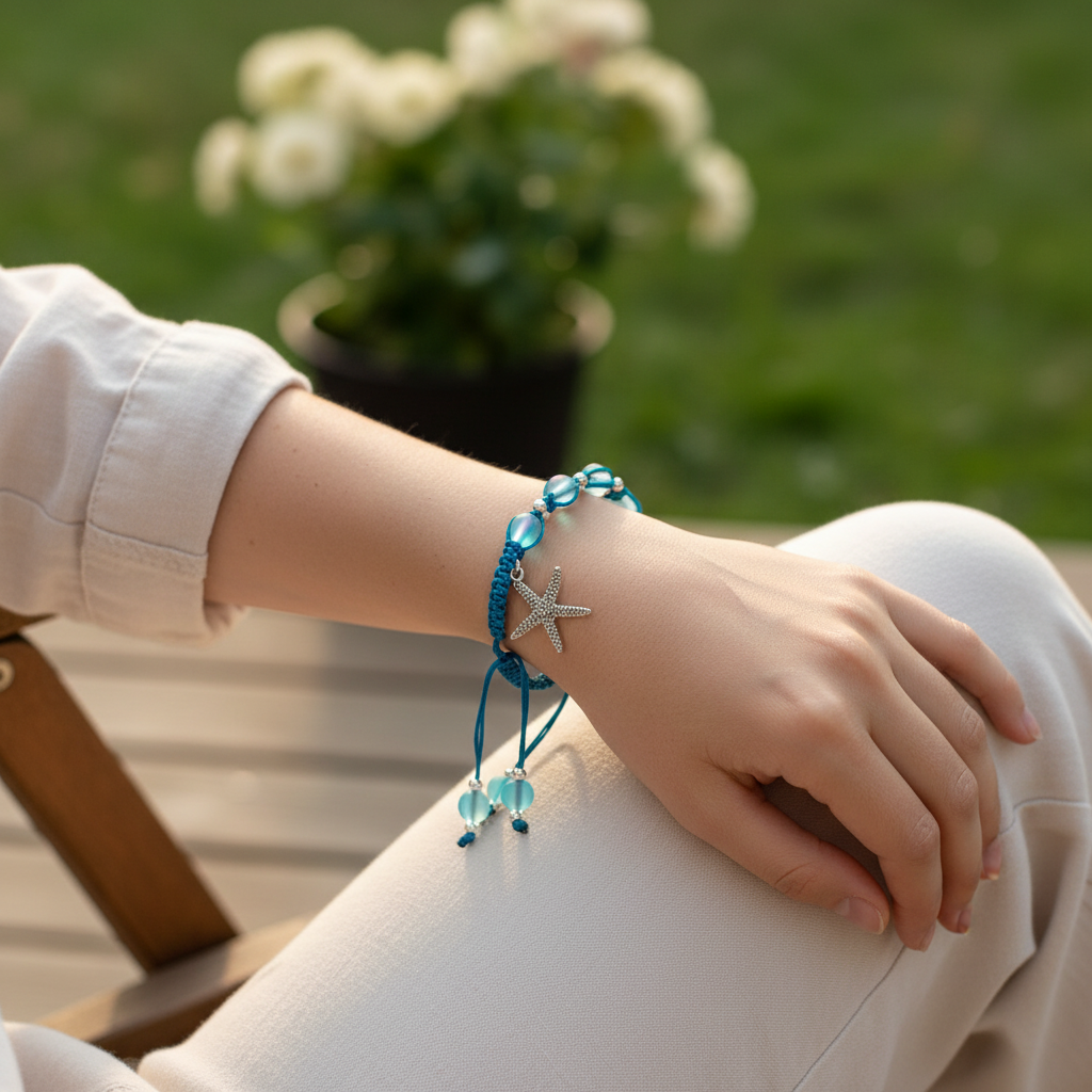 A close-up of a person's wrist wearing a teal blue beaded macrame bracelet with teal blue frosted mermaid glass beads, silver-tone spacer beads, and a silver-tone  starfish charm, resting on their lap in an outdoor setting with a blurred green garden background.