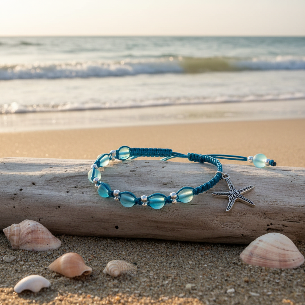 A teal blue beaded macrame bracelet with teal blue frosted mermaid glass beads, silver-tone spacer beads, and a silver-tone starfish charm rests on a weathered log on a sandy beach with shells and the ocean waves in the background.