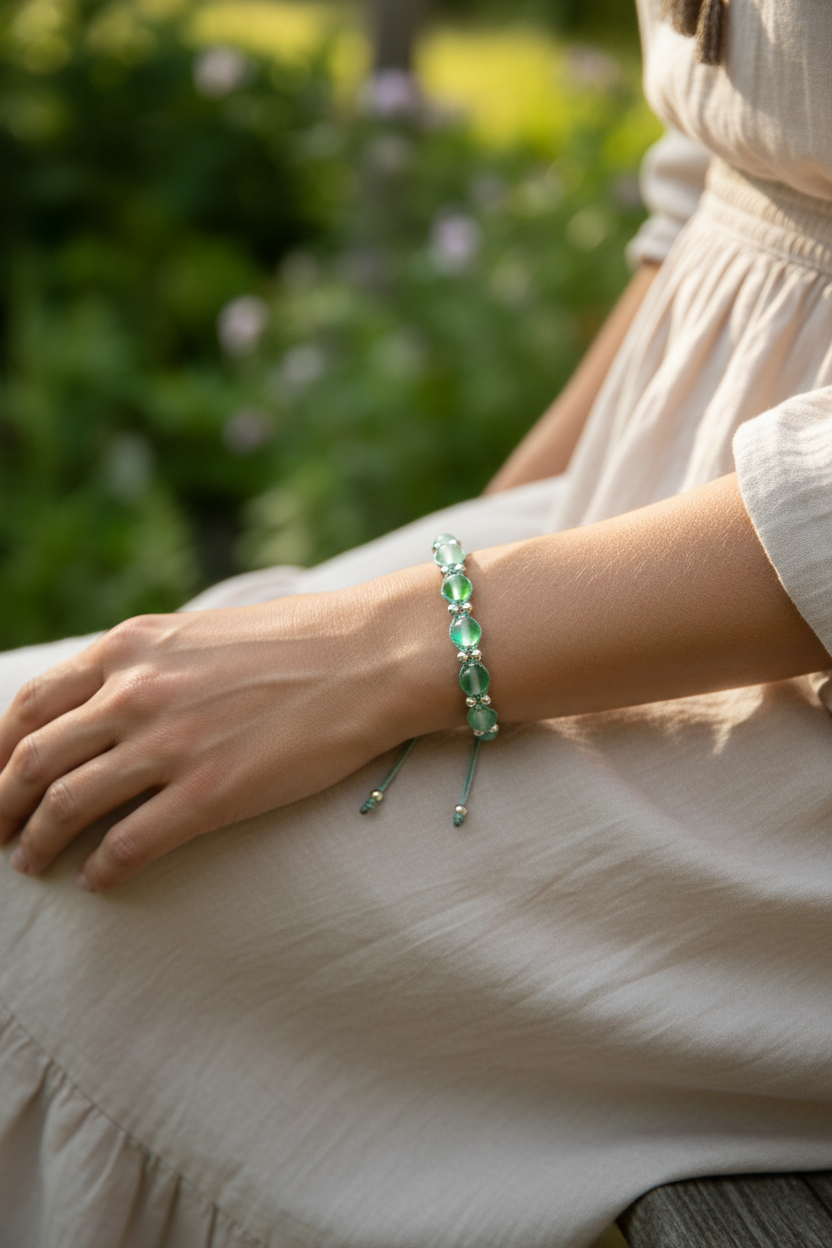 A close-up lifestyle shot of a woman wearing a sage green beaded macrame bracelet on her wrist, sitting outdoors in a light beige dress with a blurred green garden background.