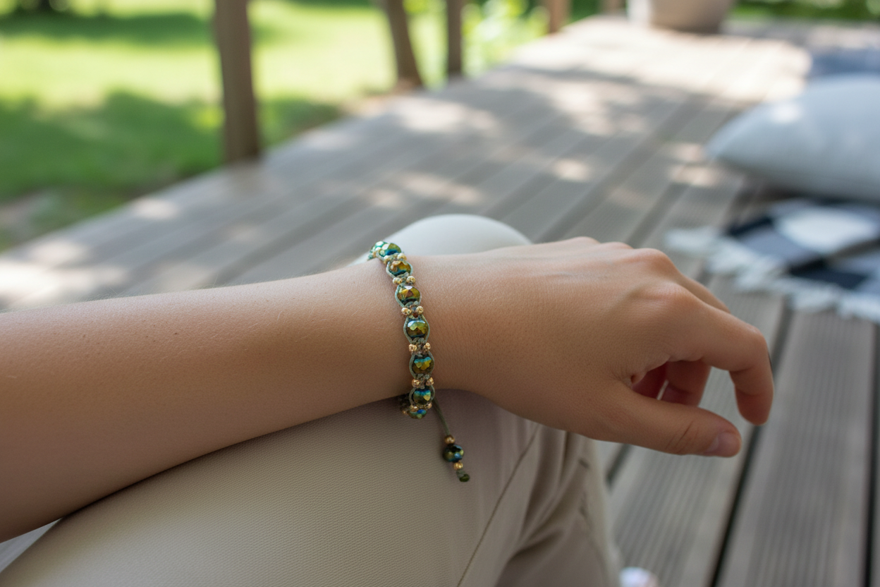 A handmade macrame bracelet in sage green nylon macrame cord with 12 faceted green AB crystal rondelle beads flashing green-gold and brass accent beads, worn on a wrist resting on a wooden deck railing in a sunny outdoor garden setting