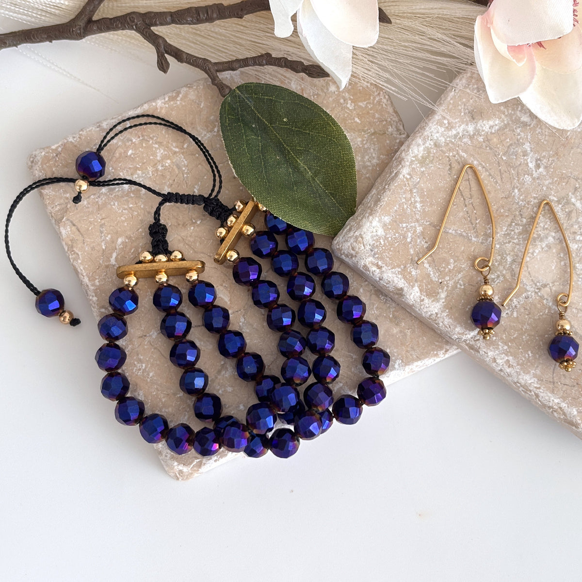Cobalt blue vitrail glass bracelet shown with coordinating jewelry.  Items sold separately.
