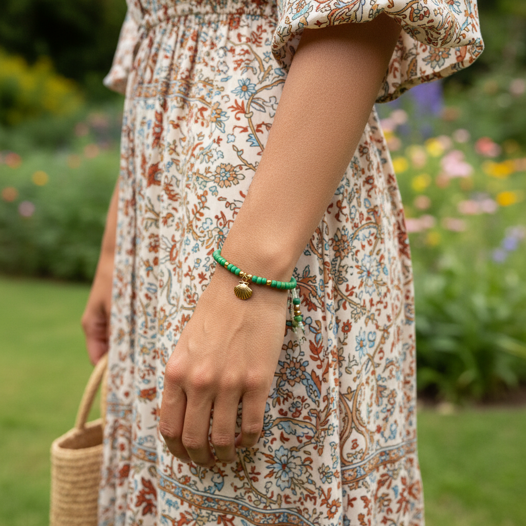 A close-up lifestyle shot of a woman wearing a green beaded bracelet with a brass shell charm on her wrist, paired with a cream-colored floral print dress in a garden setting.
