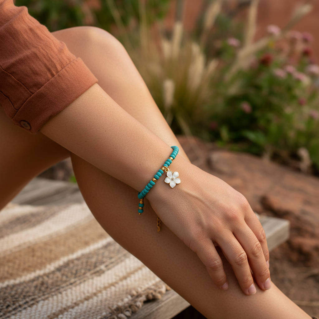 A close-up lifestyle shot of a person's hand resting on their knee, wearing a turquoise blue beaded bracelet with a small white enamel flower charm. The person is wearing a rust-colored short-sleeve shirt, and the background shows a blurred outdoor garden setting with a woven blanket.