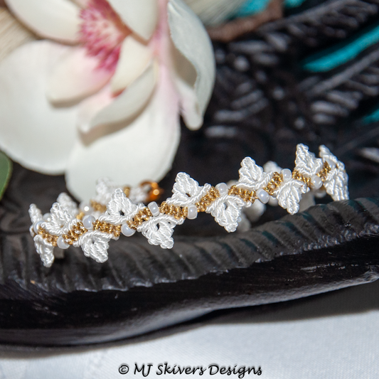 White Macrame Leaf Bracelet with Gold Accent