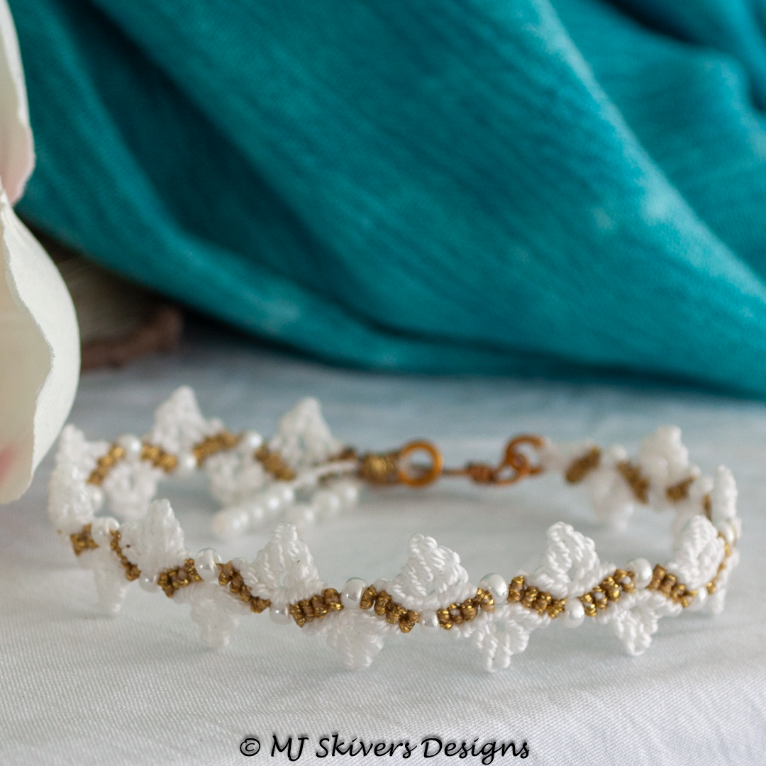 White Macrame Leaf Bracelet with Gold Accent