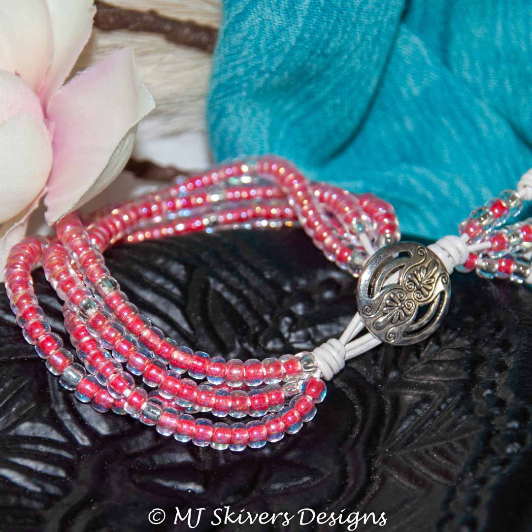 Red AB and Silver 6/0 Seed Bead 4-strand Leather Bracelet