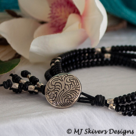 Black and Silver 8/0 Seed Bead 4-strand Leather Bracelet