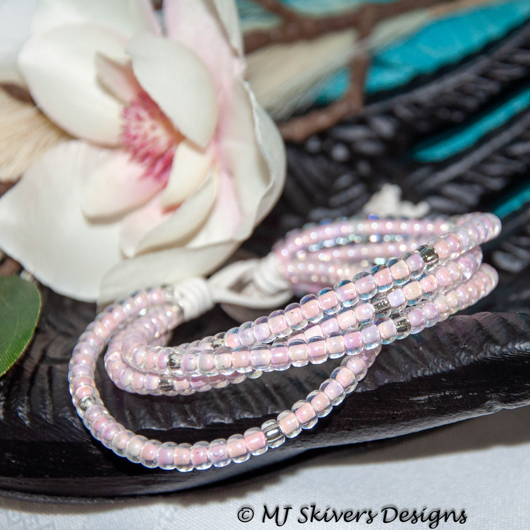 Pink and Silver 6/0 Seed Bead 4-strand Leather Bracelet
